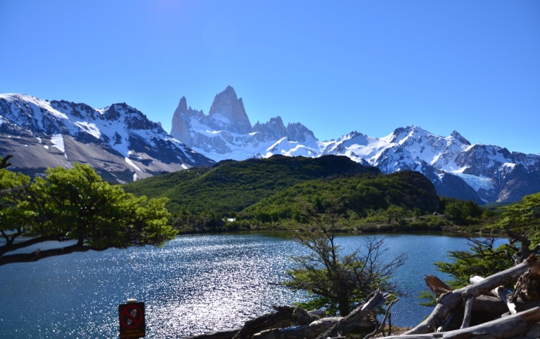 Sunny view of lake, forest and mountains. El Chaltén, Santa Cruz Province, Argentina.