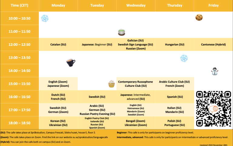 Schedule for the language cafés autumn 2023