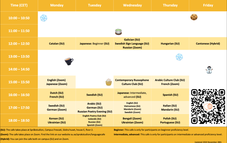 Schedule for the language cafes spring 2024