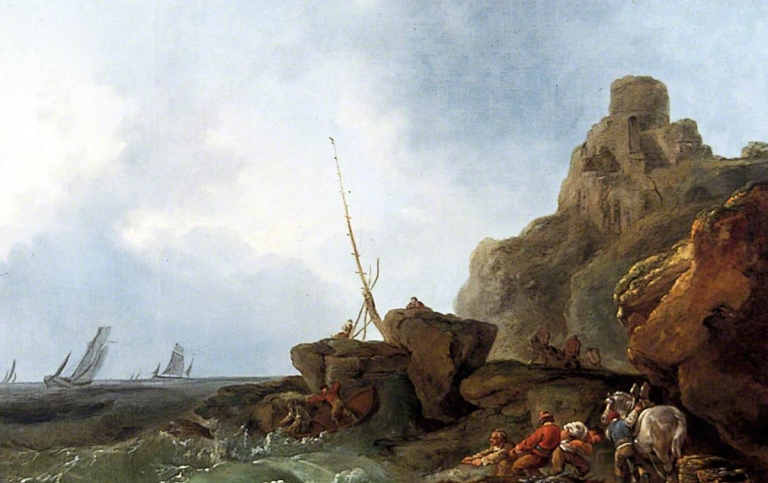 Painting. Cliffs by a stormy sea. people pulling in a boat that seems to be stranded to shore. 