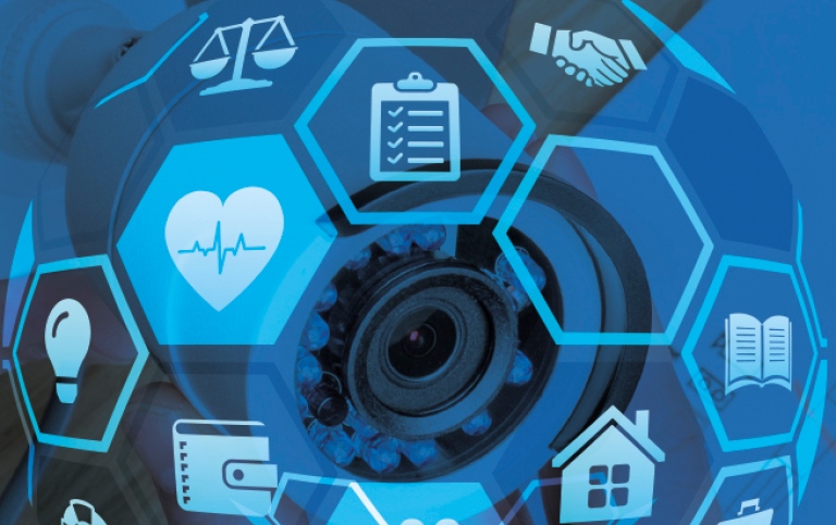 Camera lens with healthcare-related icons above. Processed image.