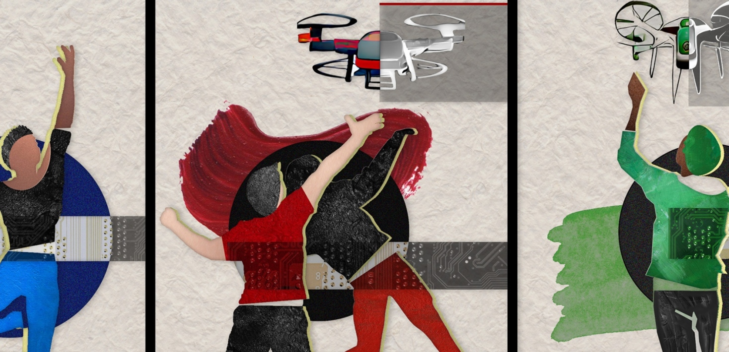 Illustration of humans and drones interacting.