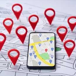 Karta och telefon som visar platsinformation.