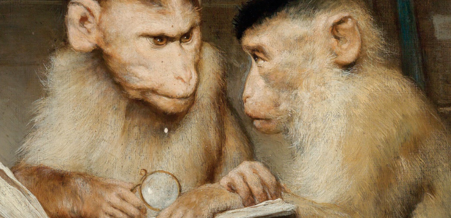Oljemålning föreställandes två apor som tittar på varandra samtidigt som de håller i en stor bok