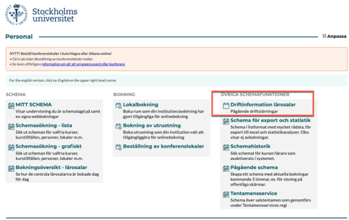 Driftinformation lärosalar - vy från TimeEdit