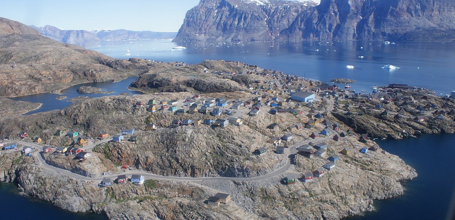 Aerial view of Salliaruseq Island and Uummannaq, photographed from Air Greenland Bell 212 helicopter