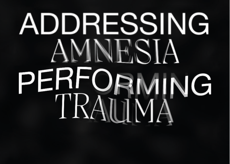 Detalj av omslaget till Addressing Amnesia, Performing Absence. Vit text på svart bakgrund