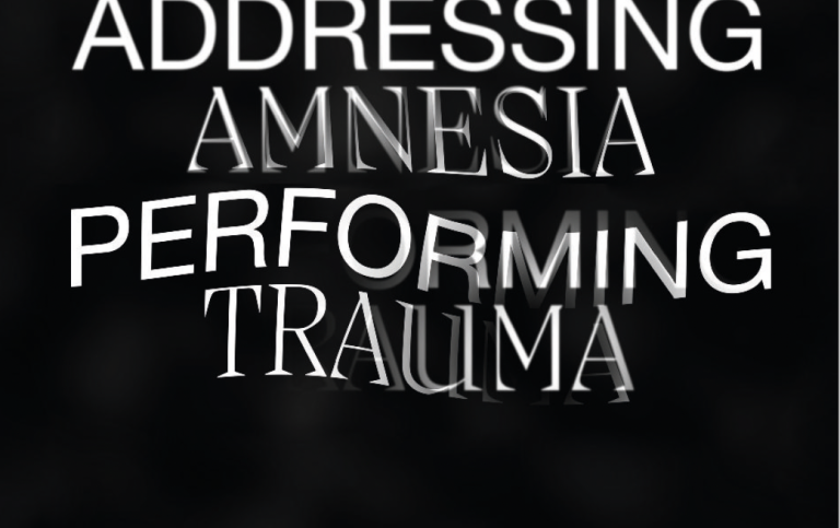 Detalj av omslaget till Addressing Amnesia, Performing Absence. Vit text på svart bakgrund