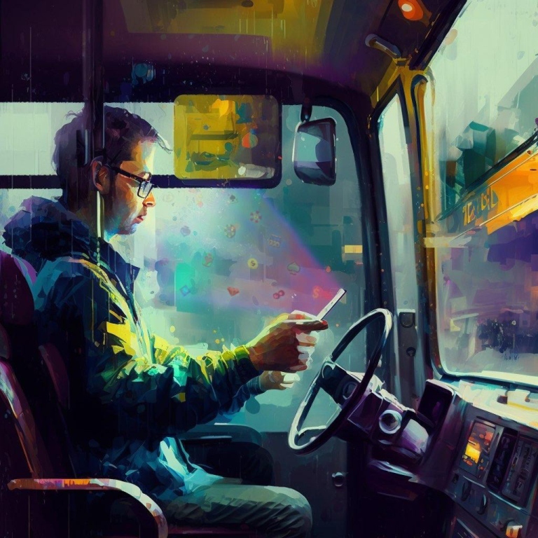 Bild på en man som spelar spel med mobilen medan han kör ett stort fordon.