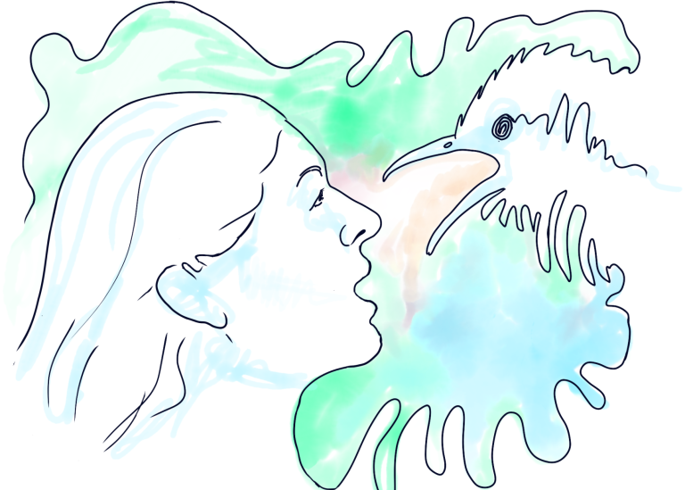 Drawing of a human face and bird looking at each other