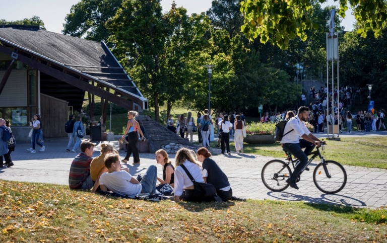 Studenter som sitter i gräset i solskenet, fler studenter i bakgrunden.