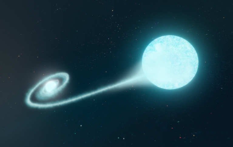 Artists impression of a white dwarf accreting matter from a helium rich companion