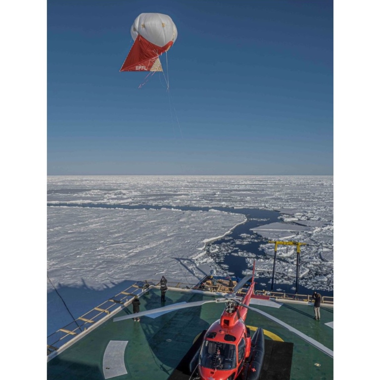 Ship with helicopter and balloon. Photo: Michael Tjernström/MISU/Stockholm University