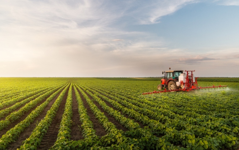 Tractor spraying pesticides at soy bean field 