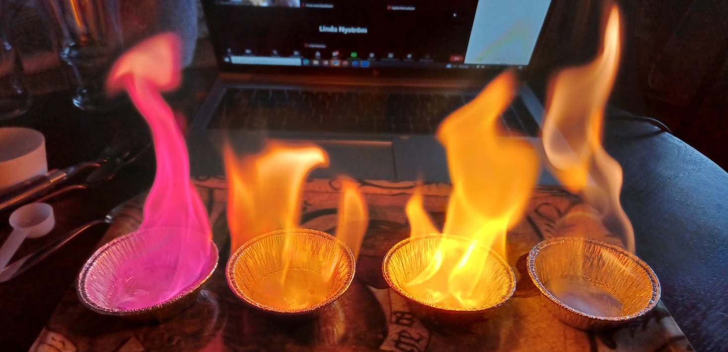 Lågor från fyra aluminiumformar med handsprit och en av salterna; LiCl, CaCl2, NaCl eller inget.