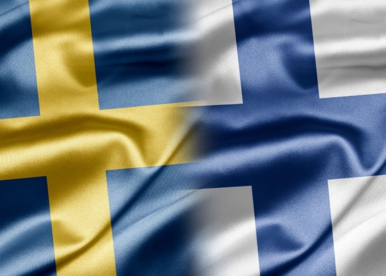 An illustration showing the Swedish and Finnish flags blending into each other.
