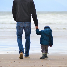 A father and his child walking hand in hand on the beach