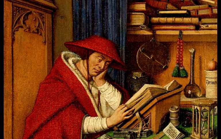 Bild av Jan van Eyck av Sankt Hieronymus som läser. 