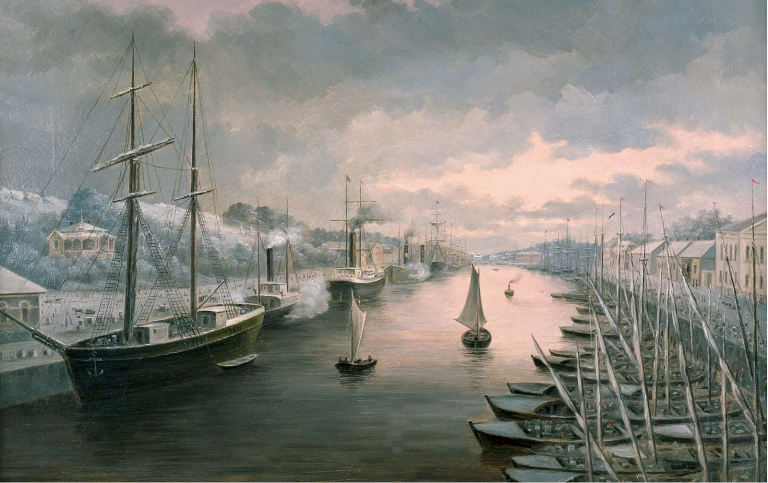 Winter landscape with sailships on a frozen river