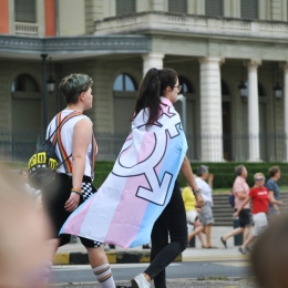 Person som går och bär trans-flaggan