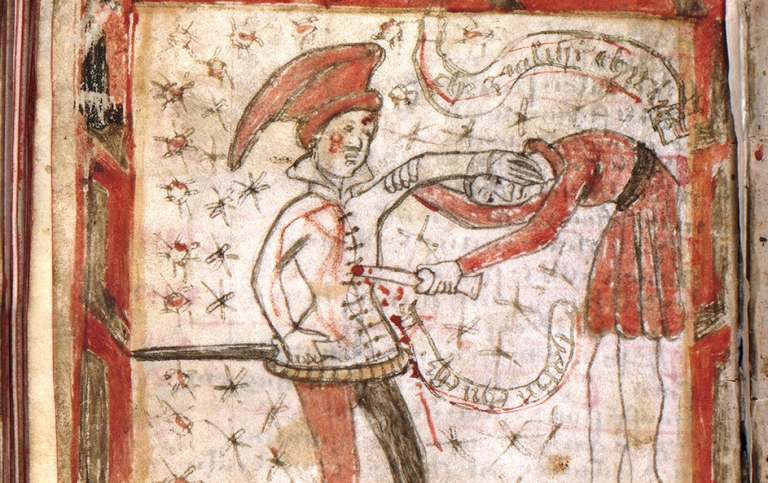 Medeltida illustration med två män som skader varandra med stickvapen