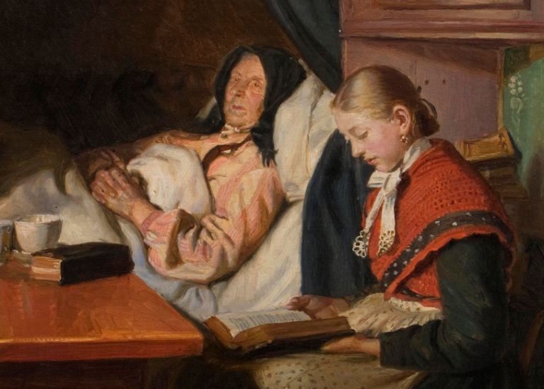 Målning som visar en äldre kvinna som ligger i en säng och en flicka som sitter bredvid och läser