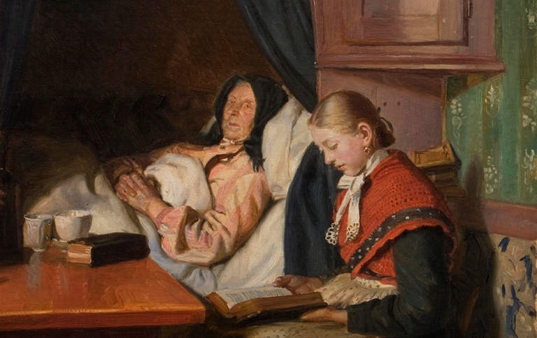 17/10: Sjukdom och hälsa i 1600-talets Stockholm: Catharina Wallenstedt och hennes familj. Målning: Michael Peter Ancher, Ved bedstemoderens sygeseng (1879), Bornholms Kunstmuseum. Målning som visar en äldre kvinna som ligger i en säng och en flicka som sitter bredvid och läser