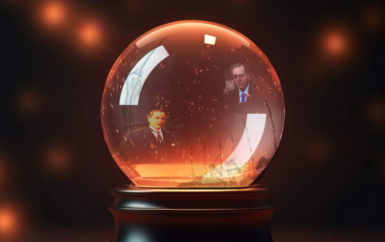 Crystal ball with Ataturk, Erdogan, mosque and radio tower