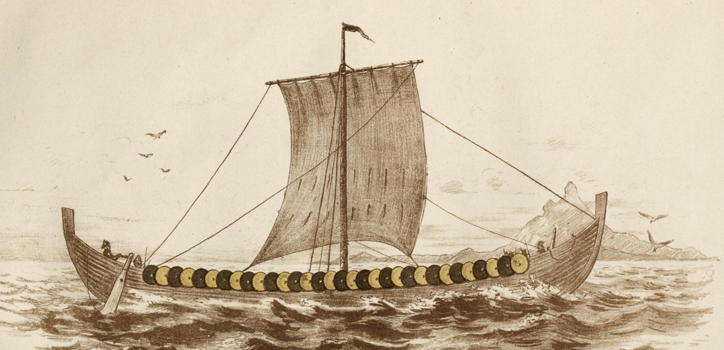 teckning av ett vikingatida skepp.