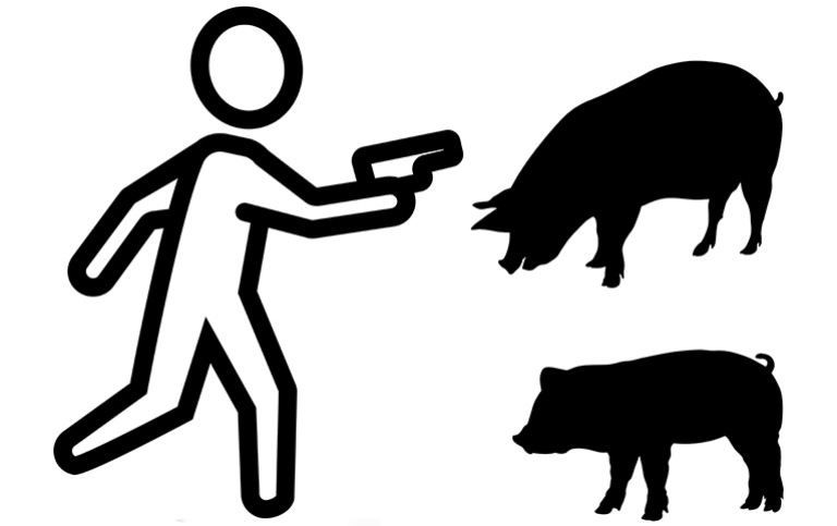 Silhouette of cartoon gangster and two pigs.