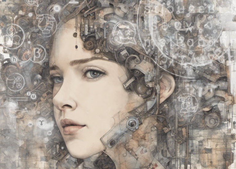 Illustration of young woman surrounded by mechanics and digital language symbols