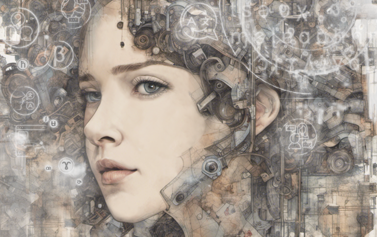 Illustration of young woman surrounded by mechanics and digital language symbols 
