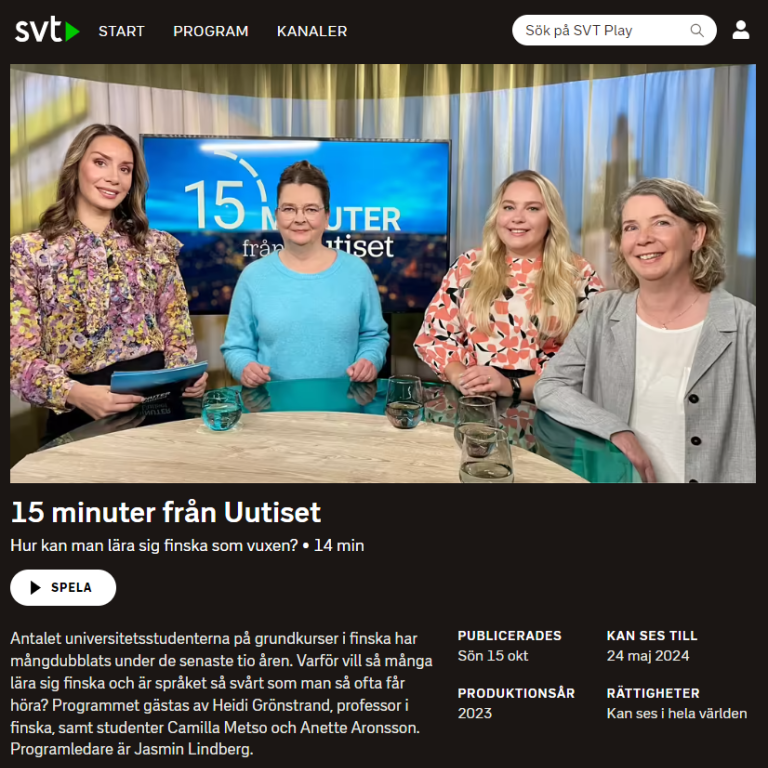 Skärmdump SVT 15 minuter från Uutiset 20231015