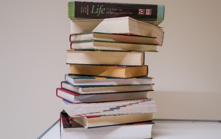 A pile of books. The back is only visible for the top book, which has the title 