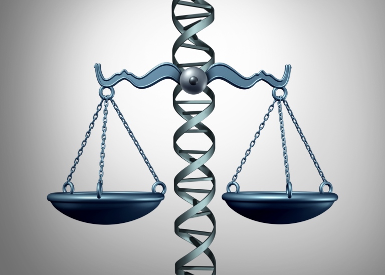 Illustration över en vågskål med DNA-sträng i mitten som pelaren
