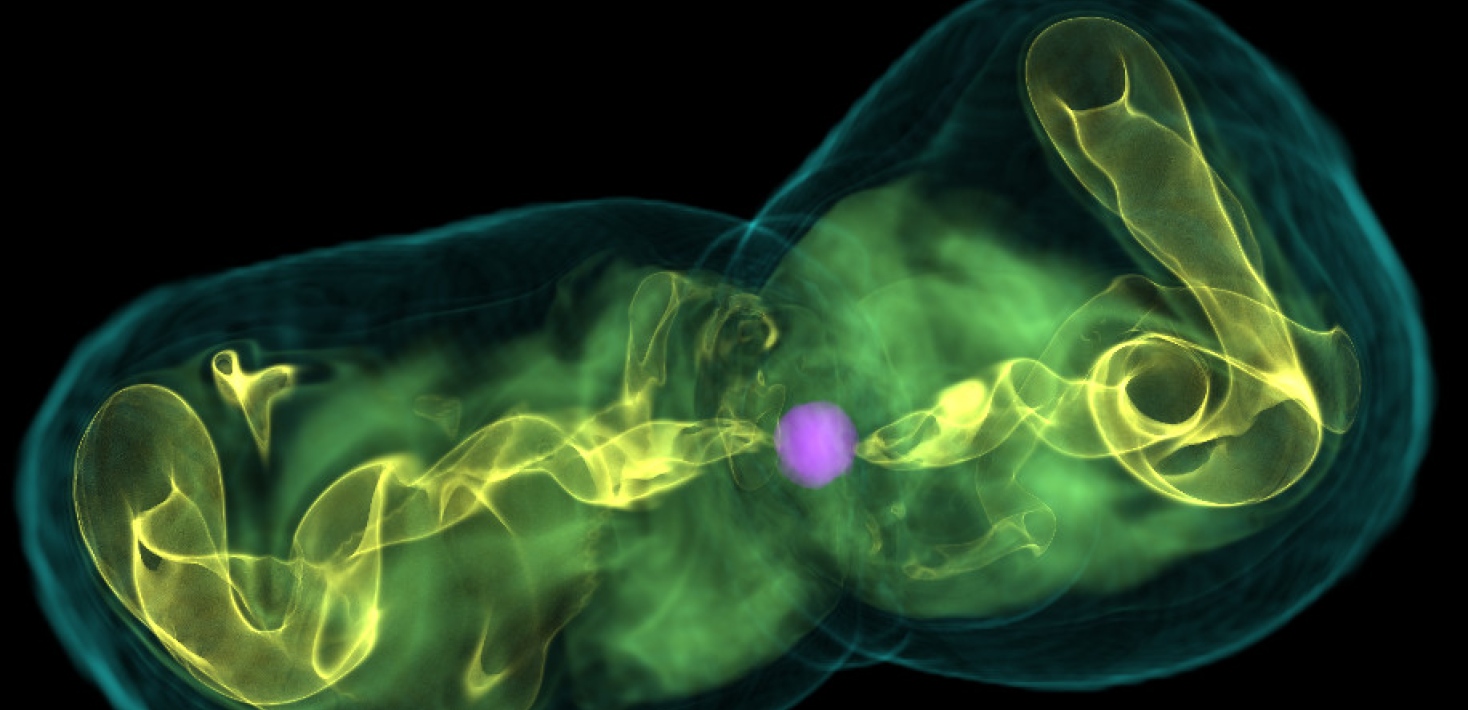 BIld av simulering av en supernovaexplosion som visar neutronstjärnan som bildas i centrum