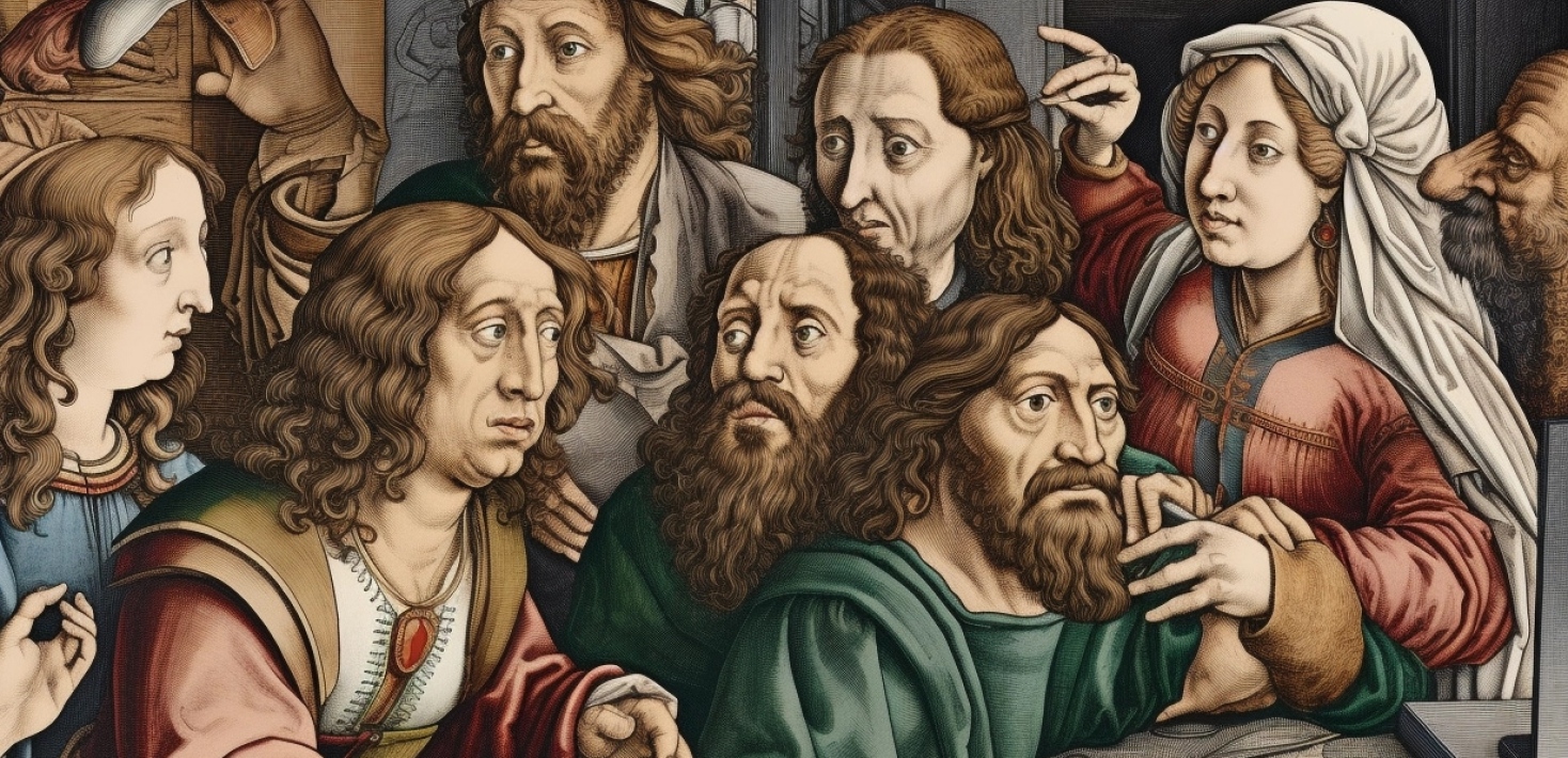 Grupp av medeltida lärare framför en dator. 
