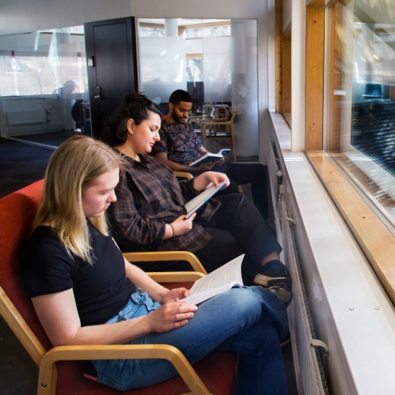 Läsande studenter på rad på studieplatserna på plan 5, Stockholms universitetsbibliotek.