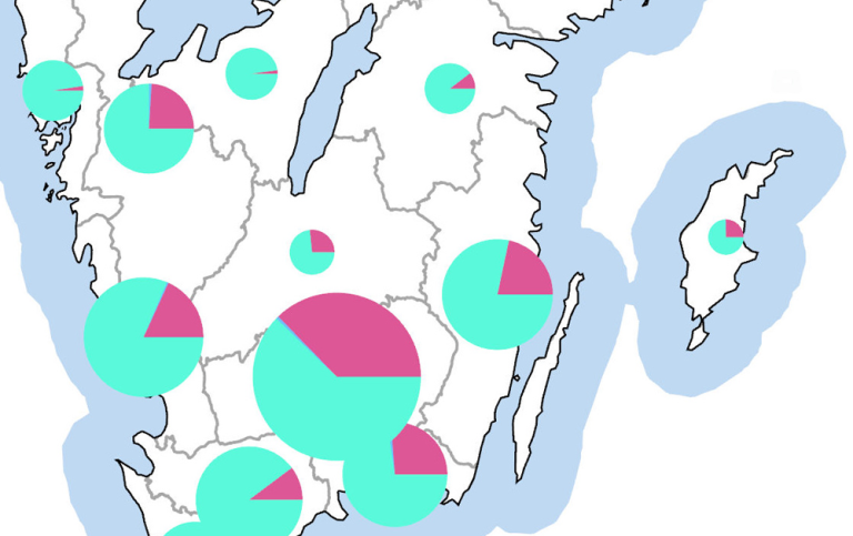 Karta som visar statistik över djur som dödats av rovdjur och där man fått ersättning år 1887.