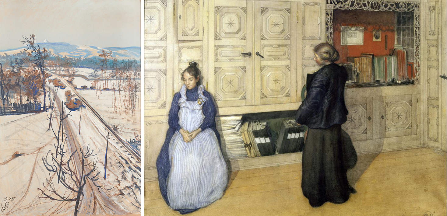 Två tavlor. Den första en pastellmålning av vinterlandskap, den andra två kvinnor i rum.