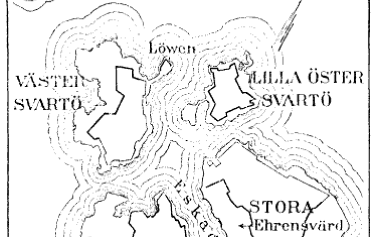 Svartvit karta med benämningar: Svartö, Vargskär, Skanslandet, med mera. 