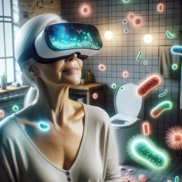 Kvinna med VR-glasögon i ett badrum med svävande färgglada bakterier. AI-genererad bild från DALL-E.