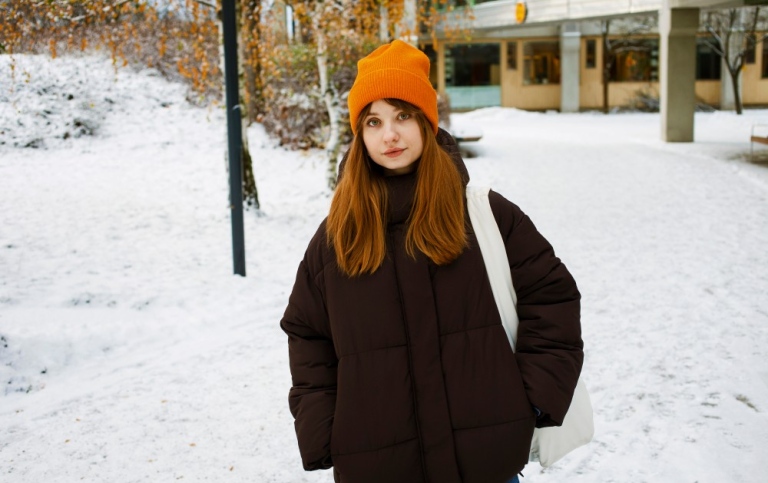 Student on campus a winter's day.