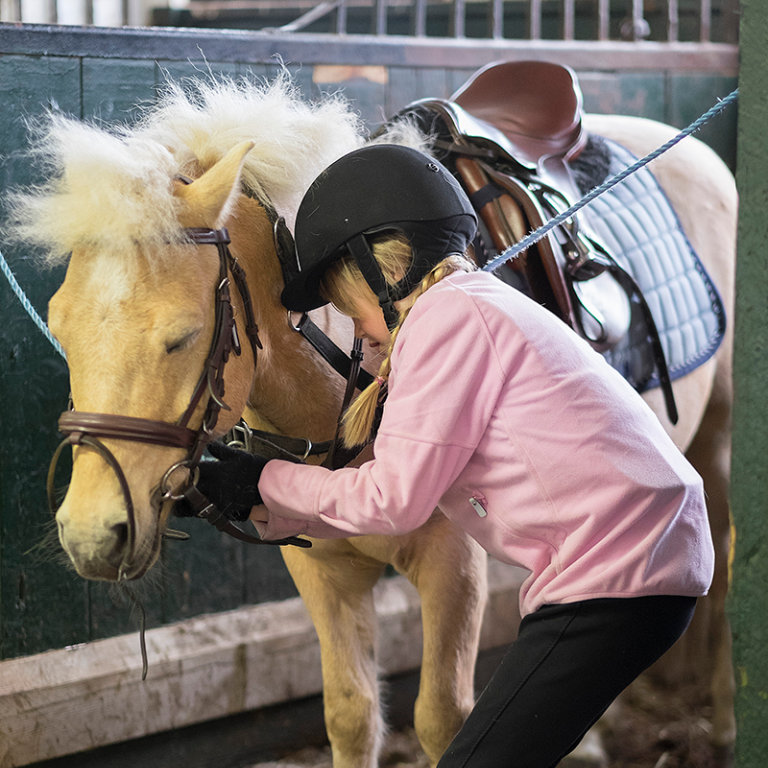 Flicka står vid häst i stall