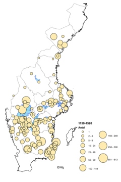 Karta som visar medeltida myntfynd i svenska landsortskyrkor