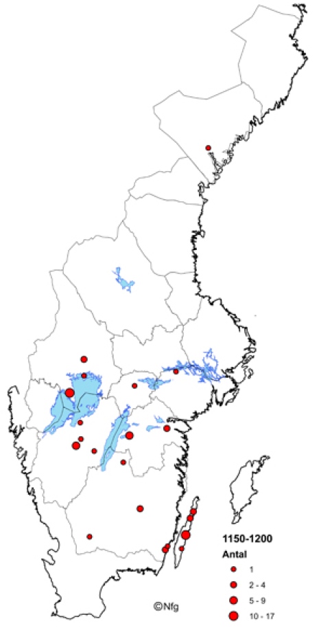 Karta som visar myntfynd i kyrkor 1150-1200