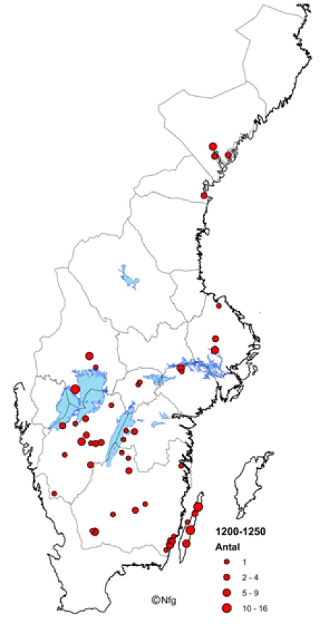 Karta som visar medeltida myntfynd i kyrkor 1200-1250