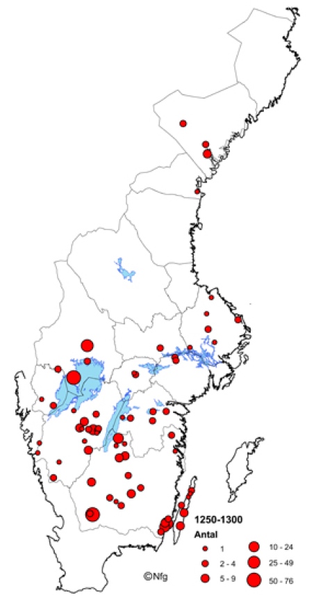 karta som visar myntfynd i kyrkor 1250-1300