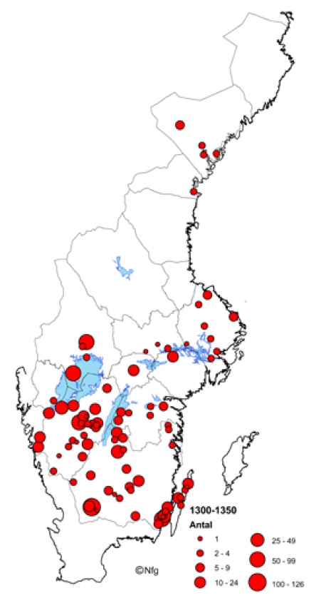 Karta som visar myntfynd i kyrkor 1300-1350