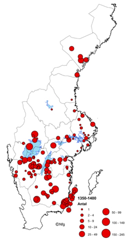karta som visar Myntfynd i kyrkor 1350-1400